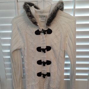 Cable Knit- Long Cardigan Fur Trimmed Hood